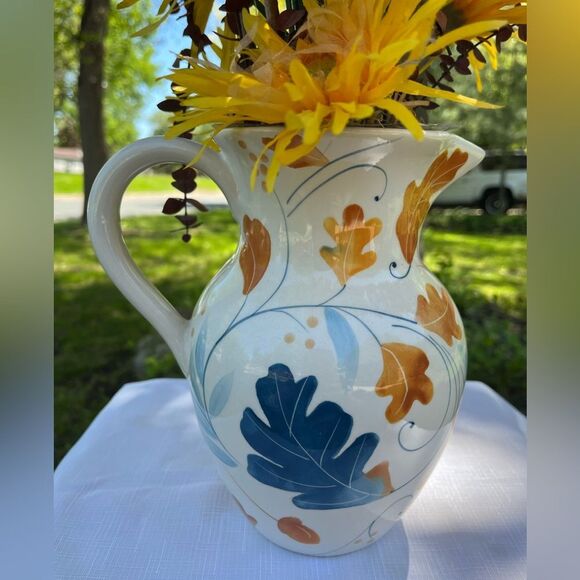 Teleflora white/orange leaves ceramic pitcher with faux flowers arrangement set - Picture 2 of 6